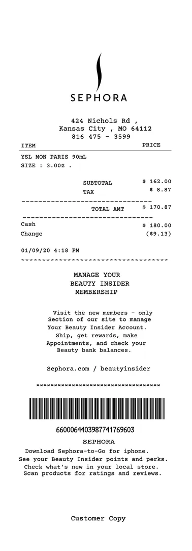 Sephora USA Perfume Receipt Sample