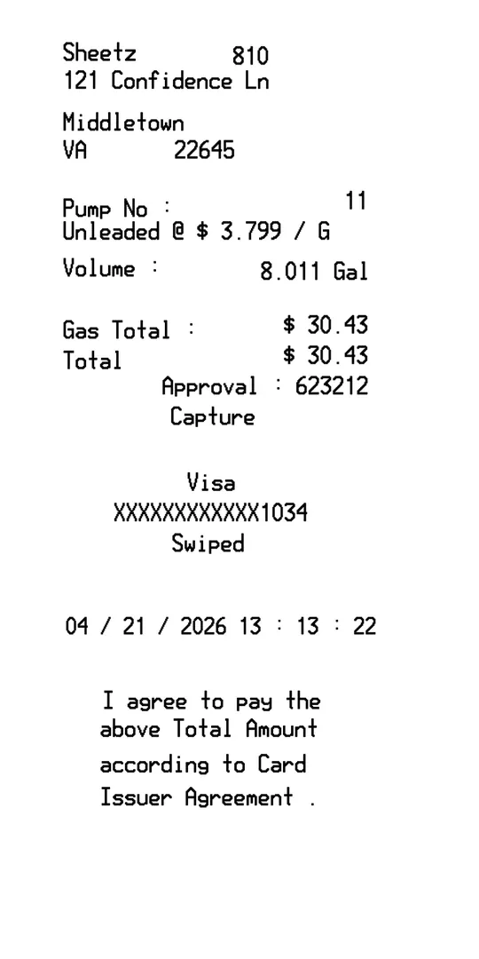 Sheetz Gas Station Receipt