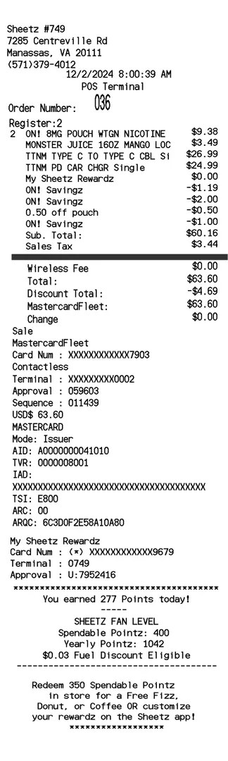 Sheetz Receipt