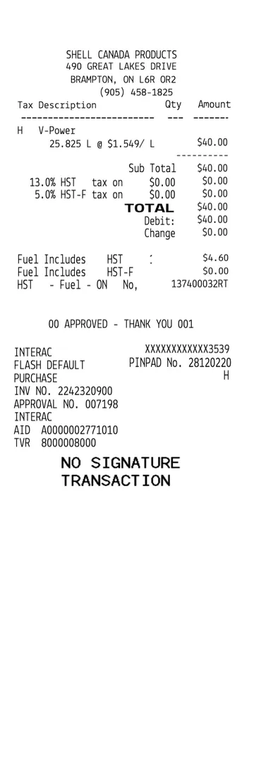 Shell Canada Fuel Receipt