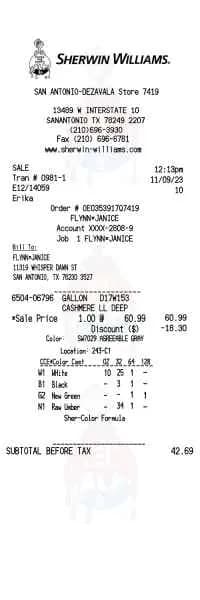 Sherwin Williams Receipt