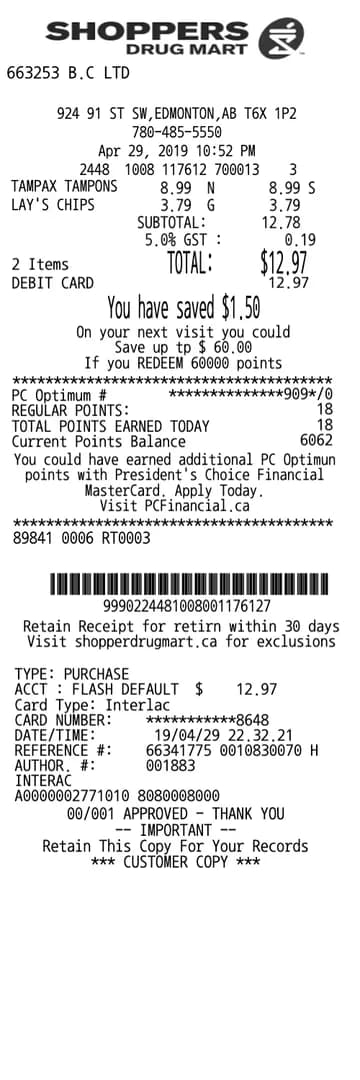 Shoppers Drug Mart Receipt