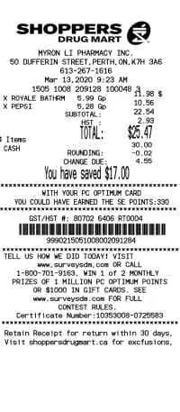 Shoppers Drug Mart Receipt