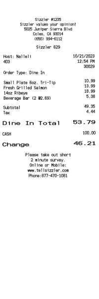 Sizzler Receipt