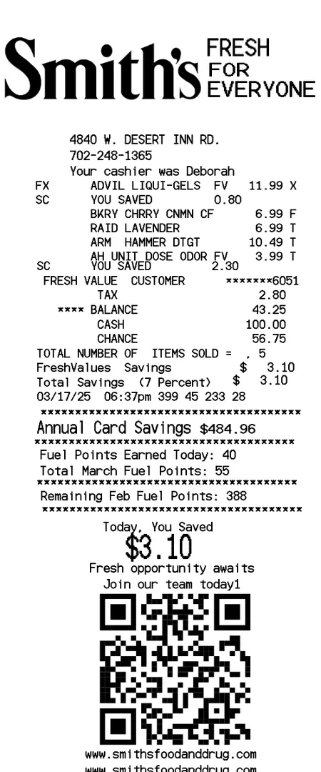 Smiths Grocery Receipt