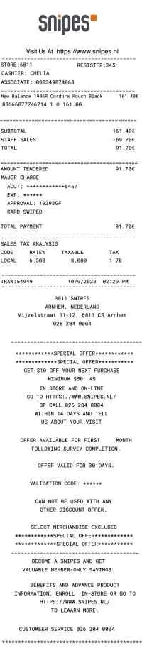 Snipes Receipt