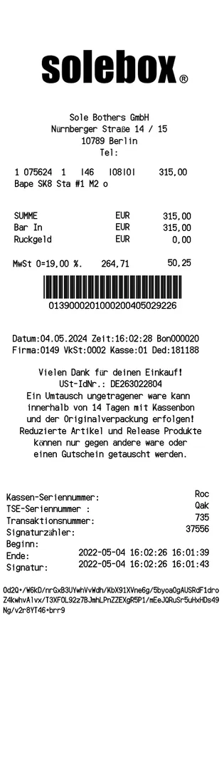 Solebox Receipt