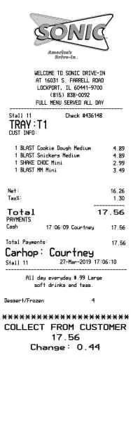 Sonic Drive in Receipt