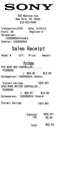 Sony Store Receipt