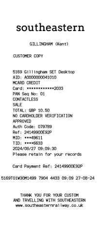 Southeastern Railway UK Receipt