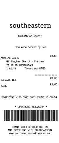 Southeastern UK Train Ticket Receipt