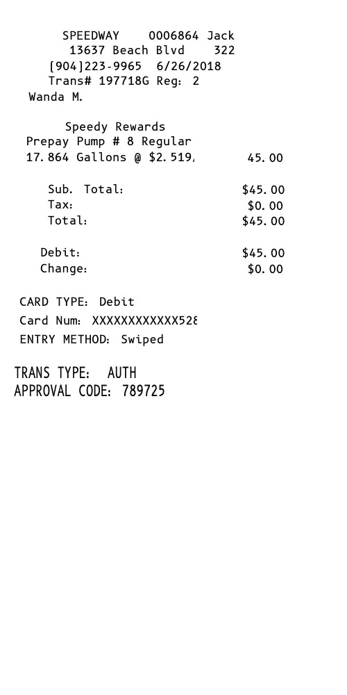 Speedway Gas Station Receipt