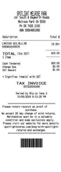 Spotlight Stores Receipt