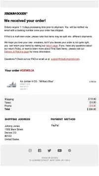 Stadium Goods Email Receipt