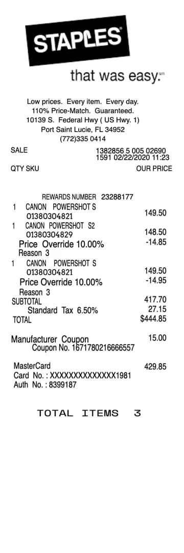 Staples Office Supply Receipt