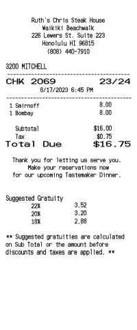 Steak House Restaurant Receipt