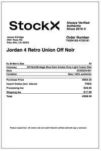 StockX Receipt 2022