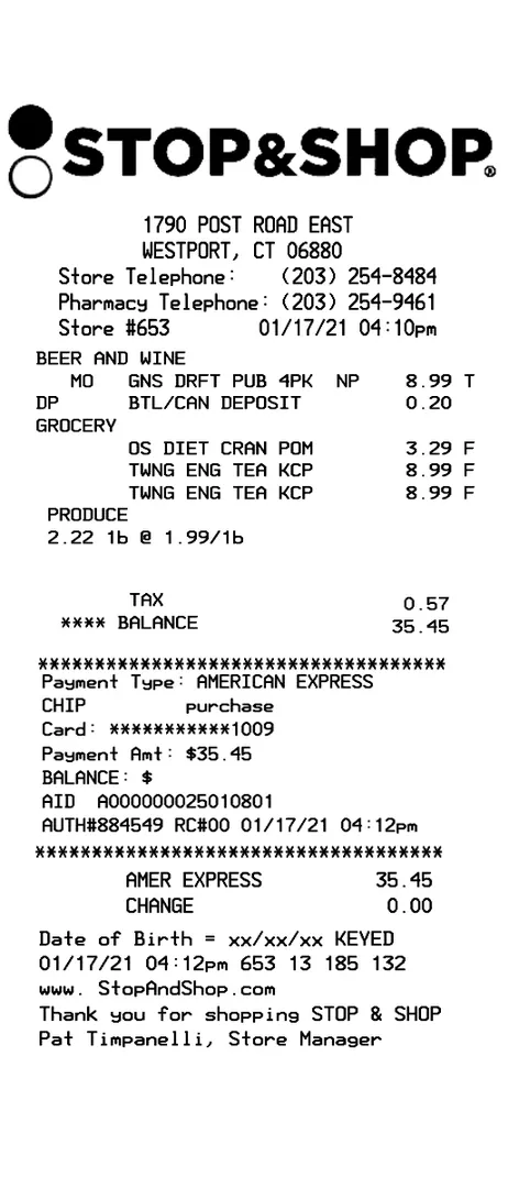 Stop and Shop Receipt