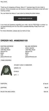 Stussy Receipt Email