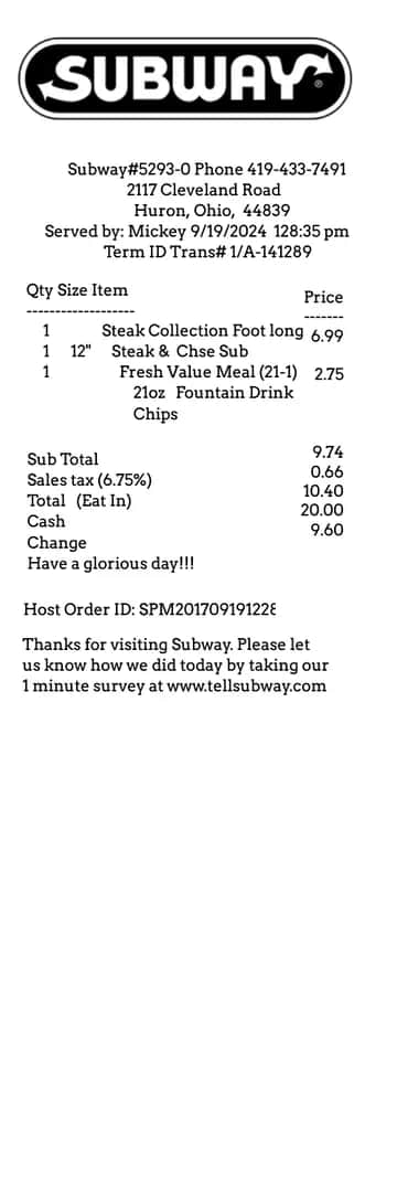 Subway Restaurant Receipt