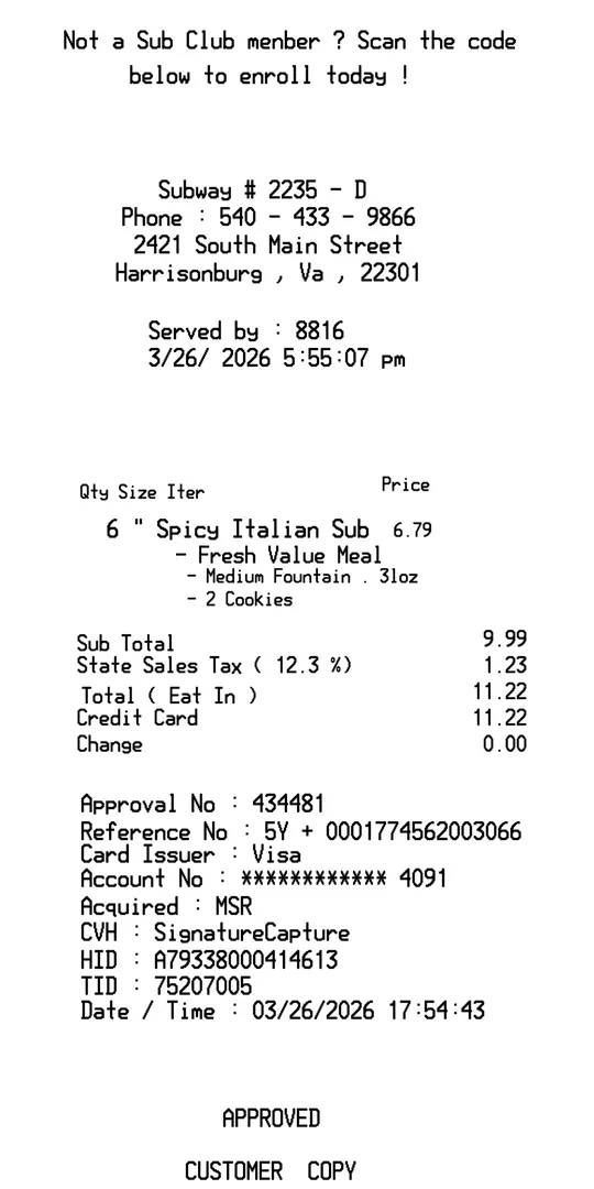 Subway Restaurant Receipt 2