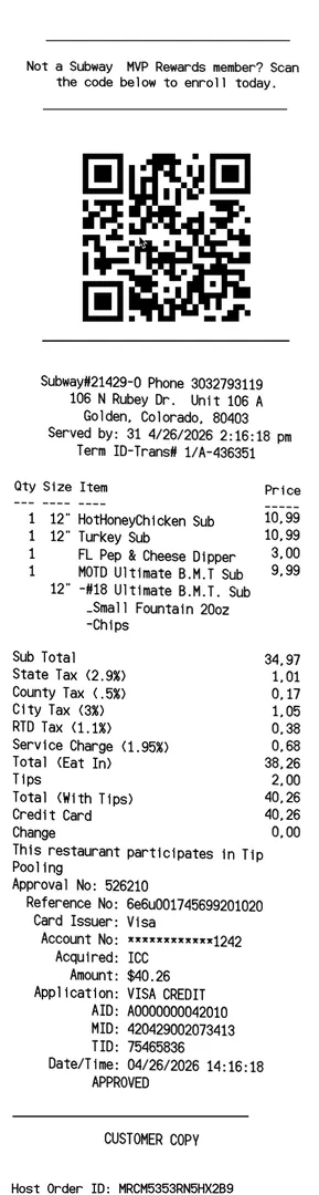Subway Sandwich Receipt