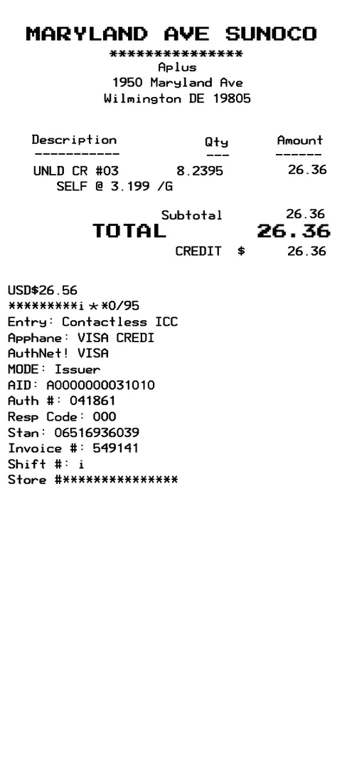 Sunoco Fuel Receipt