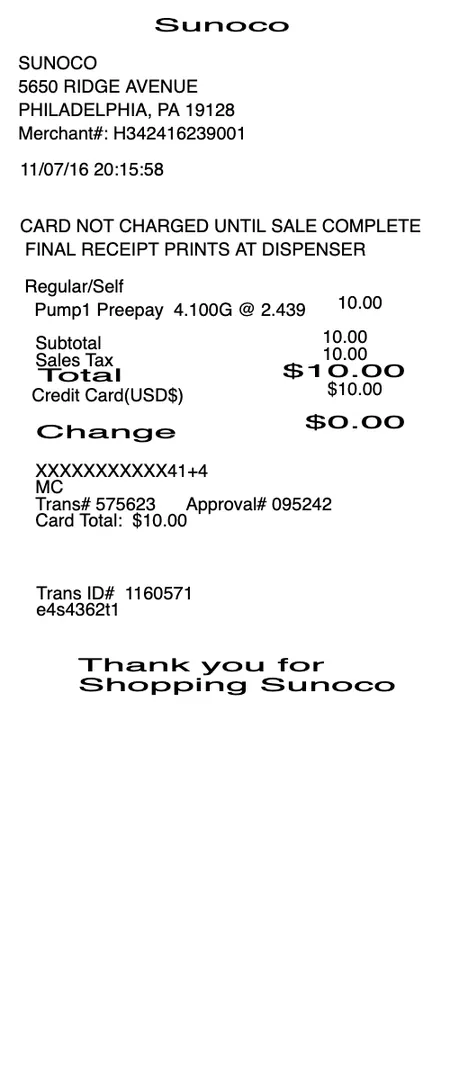 Sunoco Gas Station Receipt
