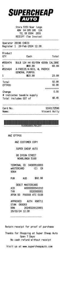 Supercheap Auto Receipt