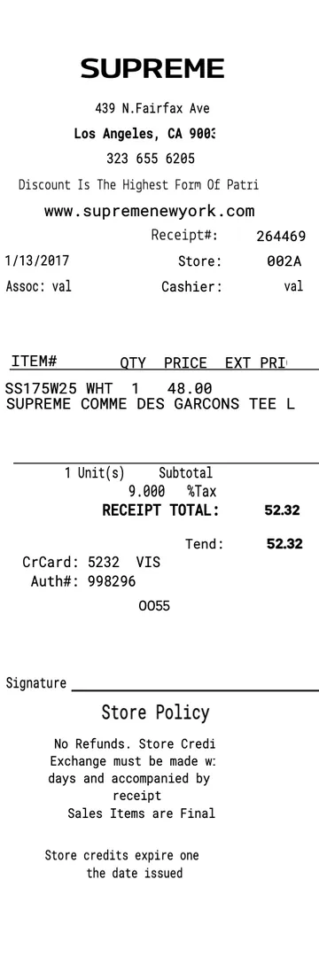 Supreme Shoes Receipt