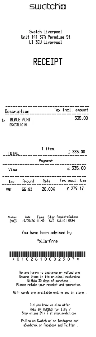 Swatch Receipt Sample 2
