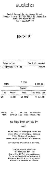 Swatch Watch Receipt