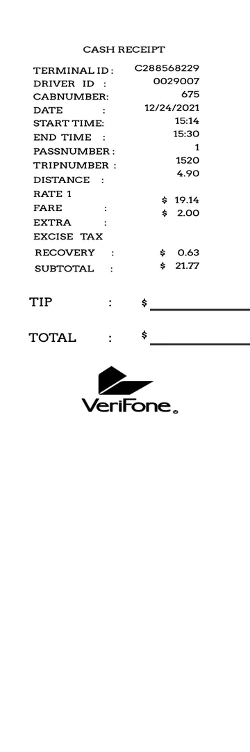 Taxi Receipt - Verifone Cash Receipt