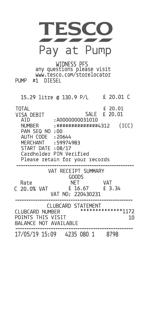 Tesco Fuel Receipt