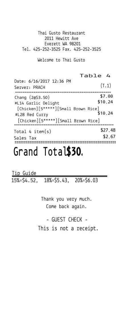 Thai Restaurant Receipt