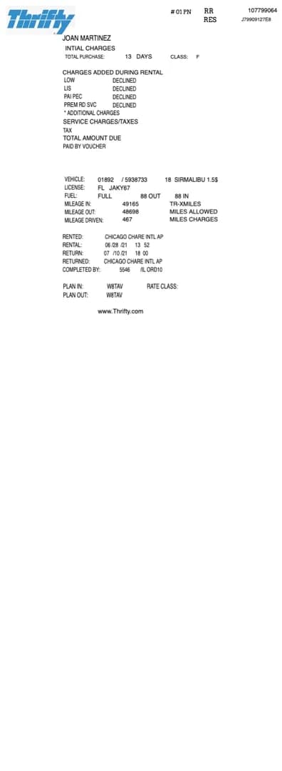 Thrifty Rental Car Receipt