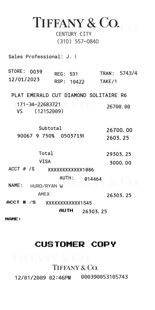 Tiffany Jewelry Receipt - Diamond Ring