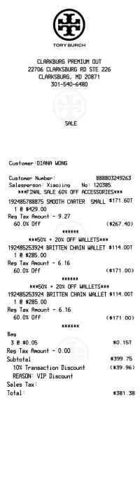 Tory Burch Outlet Receipt