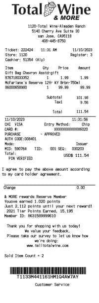 Total Wine Receipt