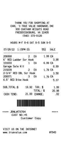 True Value Hardware Receipt