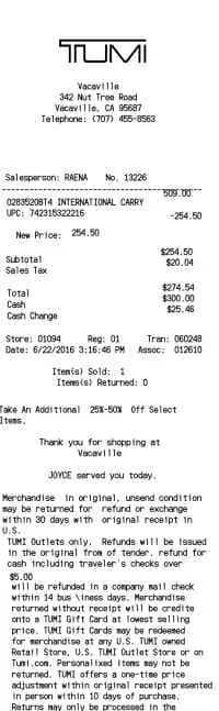 Tumi Bags Receipt