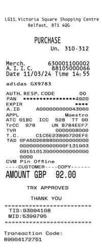 UK Ireland Retail Receipt