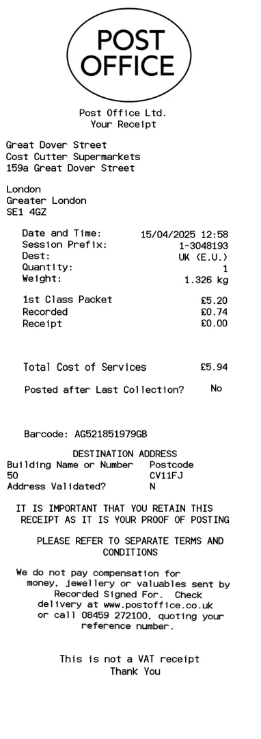 UK Post Office Receipt 2