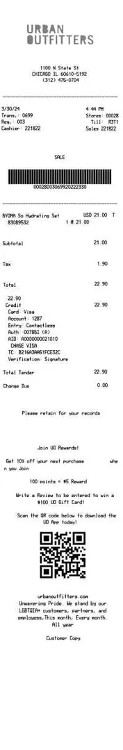 Urban Outfitters Receipt