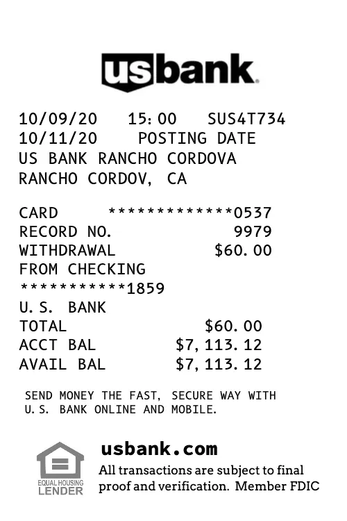 US Bank ATM Receipt