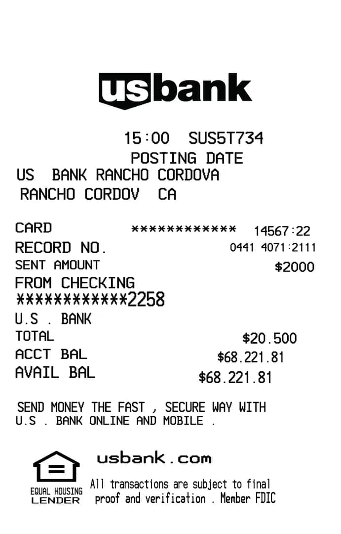 US Bank ATM Receipt Sample