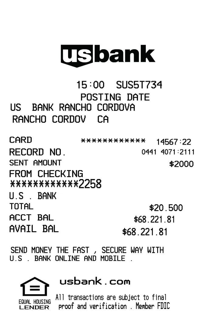 US Bank ATM Receipt Sample