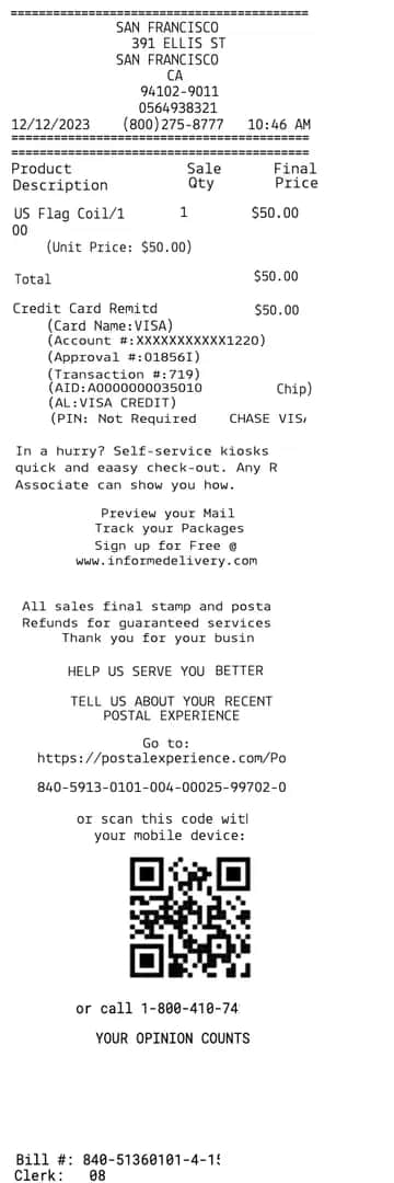 USPS Receipt - Coil of Stamps
