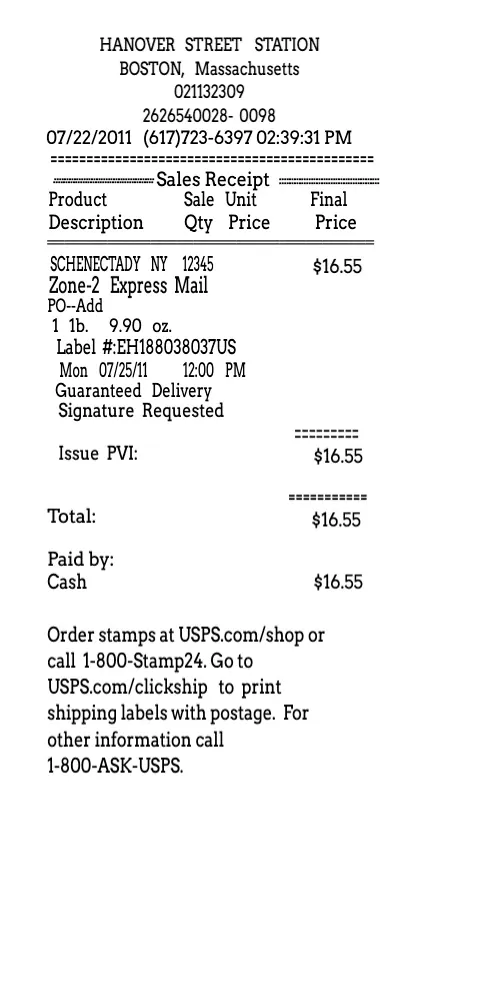 USPS Shipping Receipt