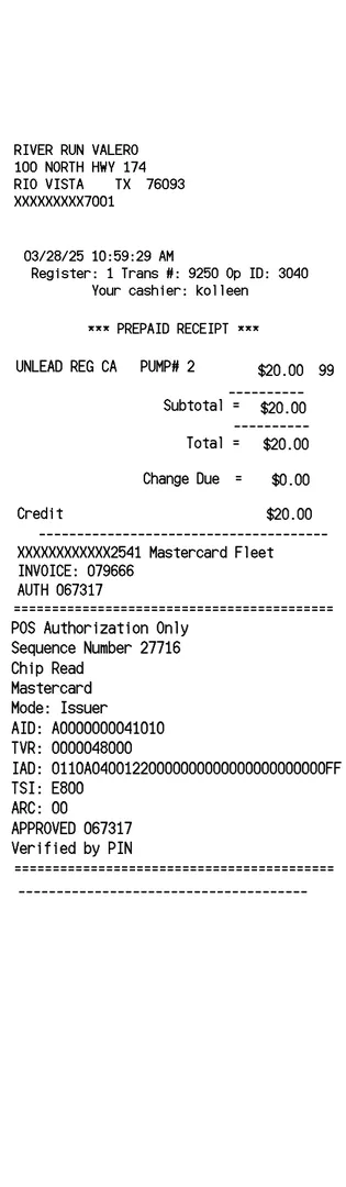 Valero Gas Station Receipt